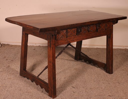 Spanish Table with Three Drawers in Chestnut, 17th Century-HPU-965536