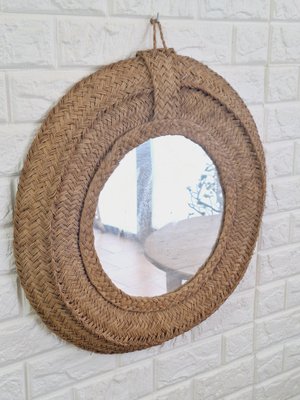 Spanish Woven Esparto Round Wall Mirror, 1970s-FRB-1798184