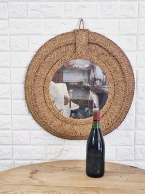 Spanish Woven Esparto Round Wall Mirror, 1970s-FRB-1798184