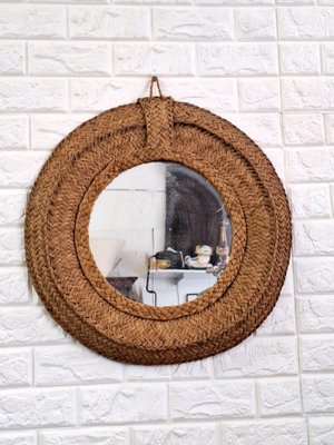 Spanish Woven Esparto Round Wall Mirror, 1970s-FRB-1798184