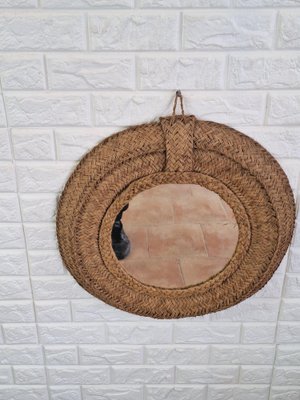 Spanish Woven Esparto Round Wall Mirror, 1970s-FRB-1798184