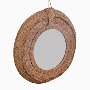 Spanish Woven Esparto Round Wall Mirror, 1970s-FRB-1798184