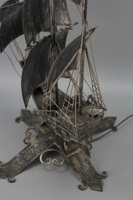 Spanish Wrought Iron and Glass Galleon Sailing Ship Shaped Floor Lamp, 1950s-KEG-1383215