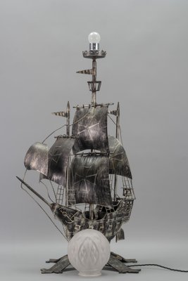 Spanish Wrought Iron and Glass Galleon Sailing Ship Shaped Floor Lamp, 1950s-KEG-1383215