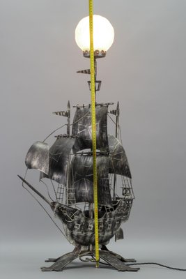 Spanish Wrought Iron and Glass Galleon Sailing Ship Shaped Floor Lamp, 1950s-KEG-1383215