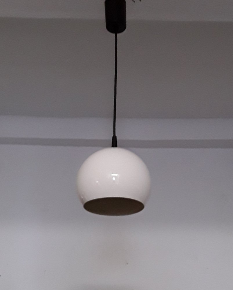 Spherical Ceiling Lamp with a White Painted Metal Shade, Black Cable and Black Canopy, 1970s