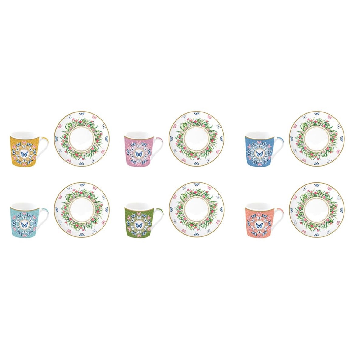 Spring Garden Butterfly Coffee Cups with Gift Box by Pozzi Milano, Set of 6