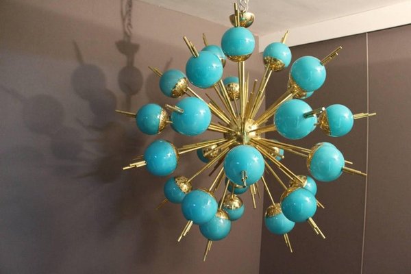 Sputnik Chandelier in Brass and Blue Glass Globes, 2000s-YF-1427649