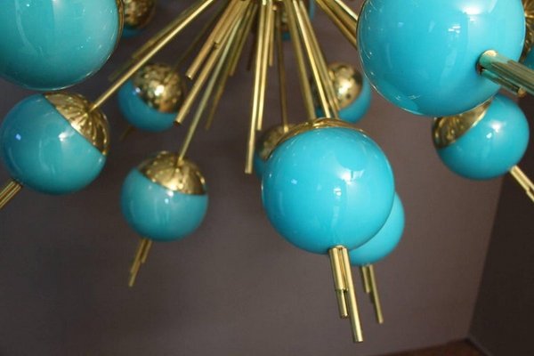 Sputnik Chandelier in Brass and Blue Glass Globes, 2000s-YF-1427649