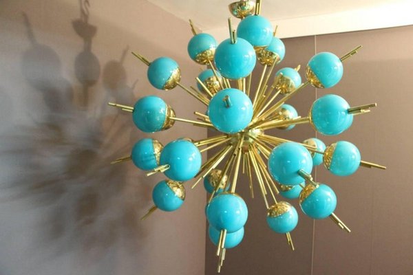 Sputnik Chandelier in Brass and Blue Glass Globes, 2000s-YF-1427649