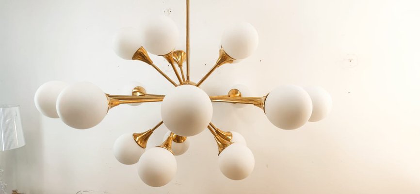 Sputnik Chandelier in Brass with Spherical Glass Shades-QLH-1816578