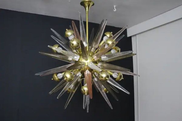 Sputnik Chandelier with Pink, Smoke and Clear Crystal Murano Glass Spikes, 2000s-YF-1723126