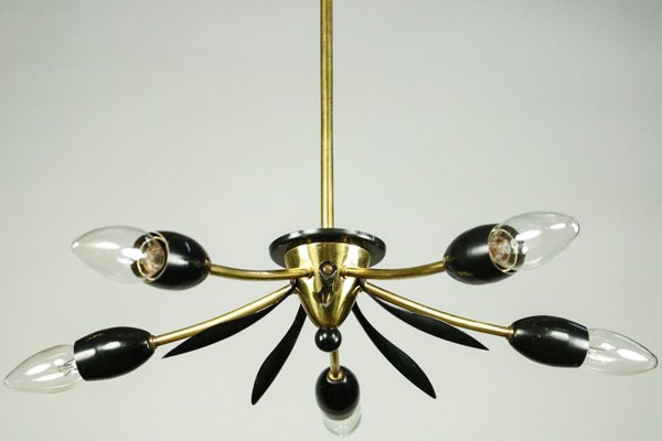 Sputnik Lamp Brass and Black Spider Pendant Lamp, 1950s-FUP-911238