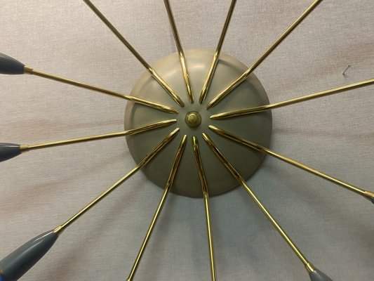 Sputnik Spider Ufo Chandelier in Opal Glass & Brass with 12 Arms, 1950s-PYR-1778045