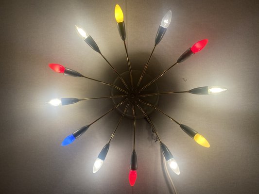 Sputnik Spider Ufo Chandelier in Opal Glass & Brass with 12 Arms, 1950s-PYR-1778045