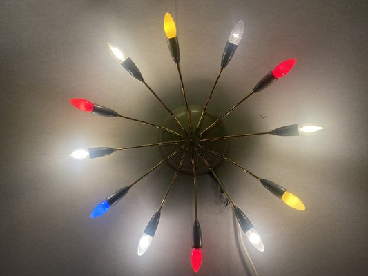 Sputnik Spider Ufo Chandelier in Opal Glass & Brass with 12 Arms, 1950s-PYR-1778045