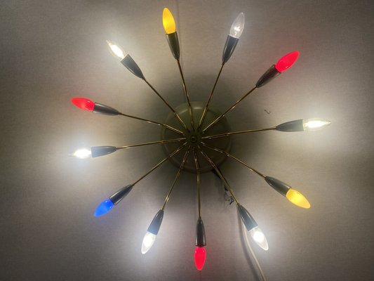 Sputnik Spider Ufo Chandelier in Opal Glass & Brass with 12 Arms, 1950s-PYR-1778045