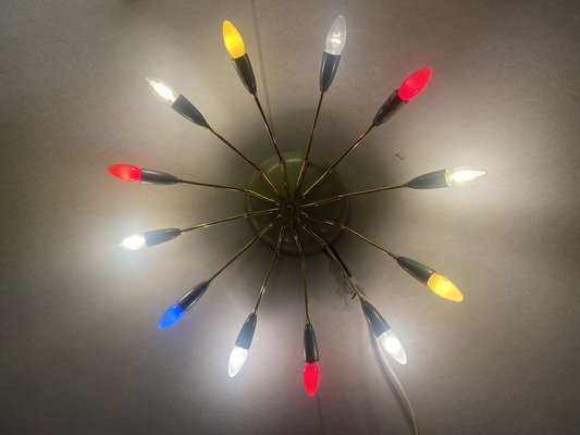 Sputnik Spider Ufo Chandelier in Opal Glass & Brass with 12 Arms, 1950s-PYR-1778045