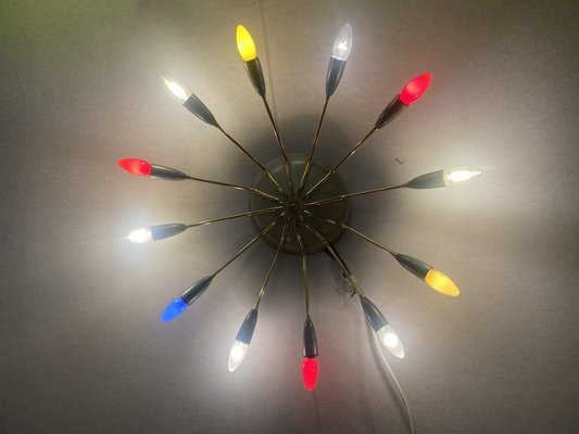 Sputnik Spider Ufo Chandelier in Opal Glass & Brass with 12 Arms, 1950s-PYR-1778045