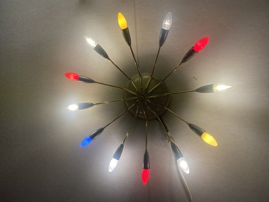 Sputnik Spider Ufo Chandelier in Opal Glass & Brass with 12 Arms, 1950s-PYR-1778045