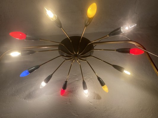 Sputnik Spider Ufo Chandelier in Opal Glass & Brass with 12 Arms, 1950s-PYR-1778045