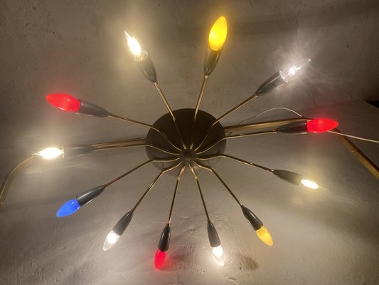 Sputnik Spider Ufo Chandelier in Opal Glass & Brass with 12 Arms, 1950s-PYR-1778045