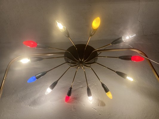 Sputnik Spider Ufo Chandelier in Opal Glass & Brass with 12 Arms, 1950s-PYR-1778045