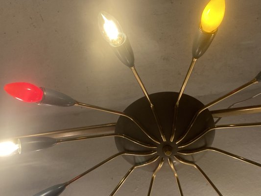 Sputnik Spider Ufo Chandelier in Opal Glass & Brass with 12 Arms, 1950s-PYR-1778045