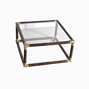 Square Bamboo Coffee Table with Brass Edges & Glass Top, 1960s-JQO-860676