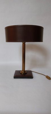 Square Base Table Lamp in Brown Leather attributed to Jacques Adnet for ILG-AIF-1795955