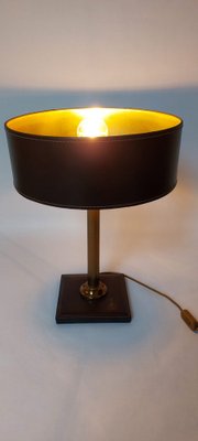 Square Base Table Lamp in Brown Leather attributed to Jacques Adnet for ILG-AIF-1795955