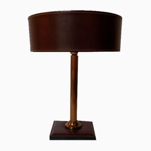 Square Base Table Lamp in Brown Leather attributed to Jacques Adnet for ILG-AIF-1795955