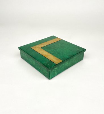 Square Box in Green Goatskin & Brass by Aldo Tura, Italy, 1960s-LYQ-1181988