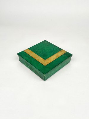 Square Box in Green Goatskin & Brass by Aldo Tura, Italy, 1960s-LYQ-1181988