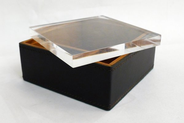 Square Cigarette Box in Wood, Leather & Thick Transparent Acrylic Glass, 1970s-RNR-2041832