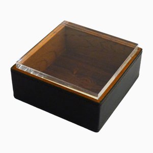 Square Cigarette Box in Wood, Leather & Thick Transparent Acrylic Glass, 1970s-RNR-2041832