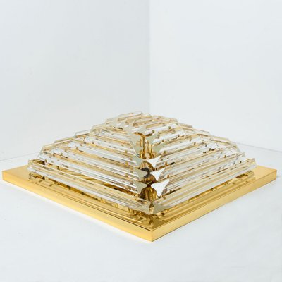 Square Clear Crystal and Gold Plated Pyramid Flush Mount attributed to Venini, 1970s-VDW-2022210