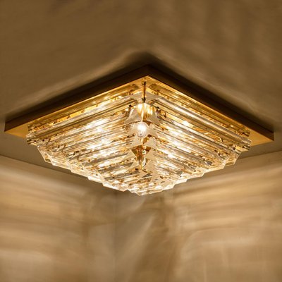 Square Clear Crystal and Gold Plated Pyramid Flush Mount attributed to Venini, 1970s-VDW-2022210