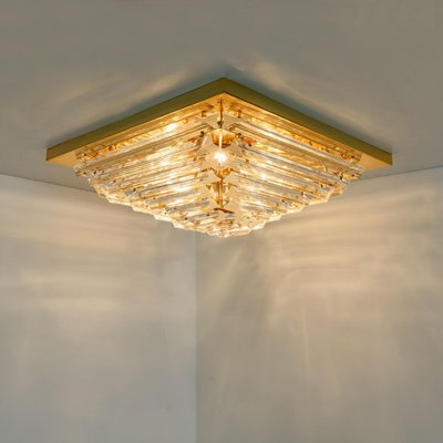 Square Clear Crystal and Gold Plated Pyramid Flush Mount attributed to Venini, 1970s-VDW-2022210