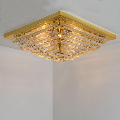 Square Clear Crystal and Gold Plated Pyramid Flush Mount attributed to Venini, 1970s-VDW-2022210