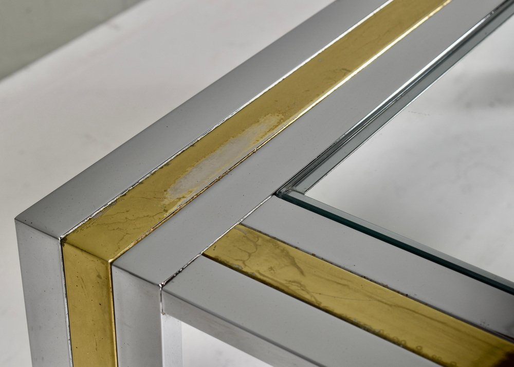 Square Coffee Table in Brass, Chrome and Glass by Renato Zevi, Italy, 1970s