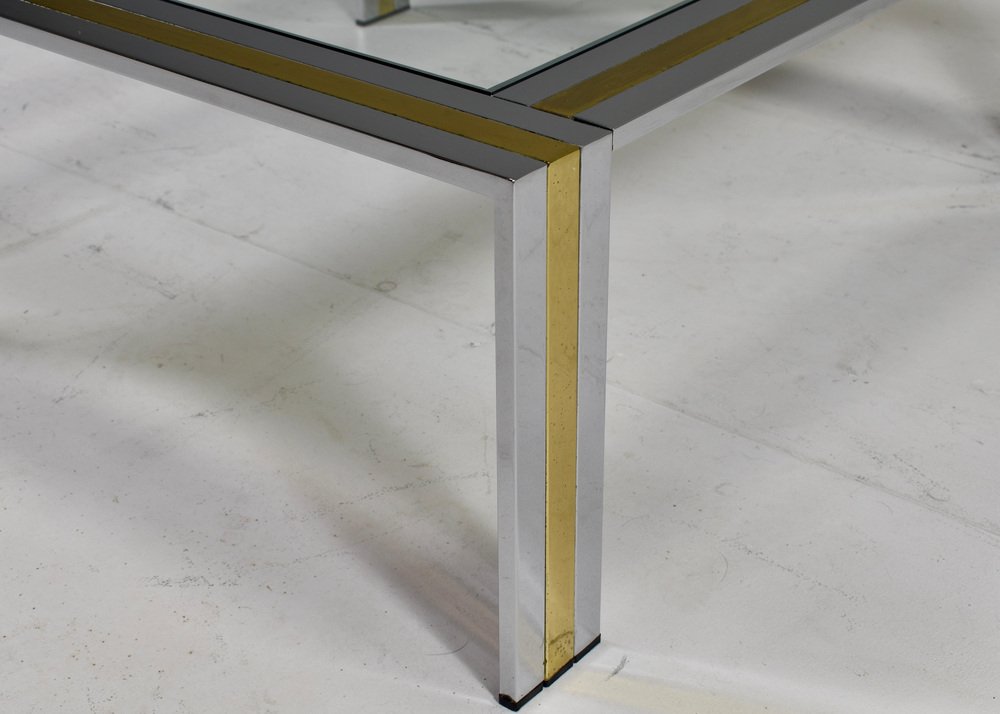 Square Coffee Table in Brass, Chrome and Glass by Renato Zevi, Italy, 1970s