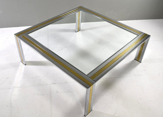 Square Coffee Table in Brass, Chrome and Glass by Renato Zevi, Italy, 1970s