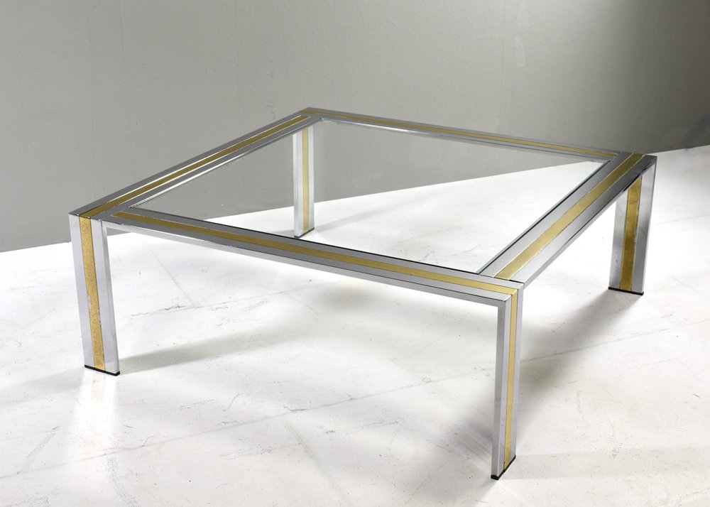 Square Coffee Table in Brass, Chrome and Glass by Renato Zevi, Italy, 1970s