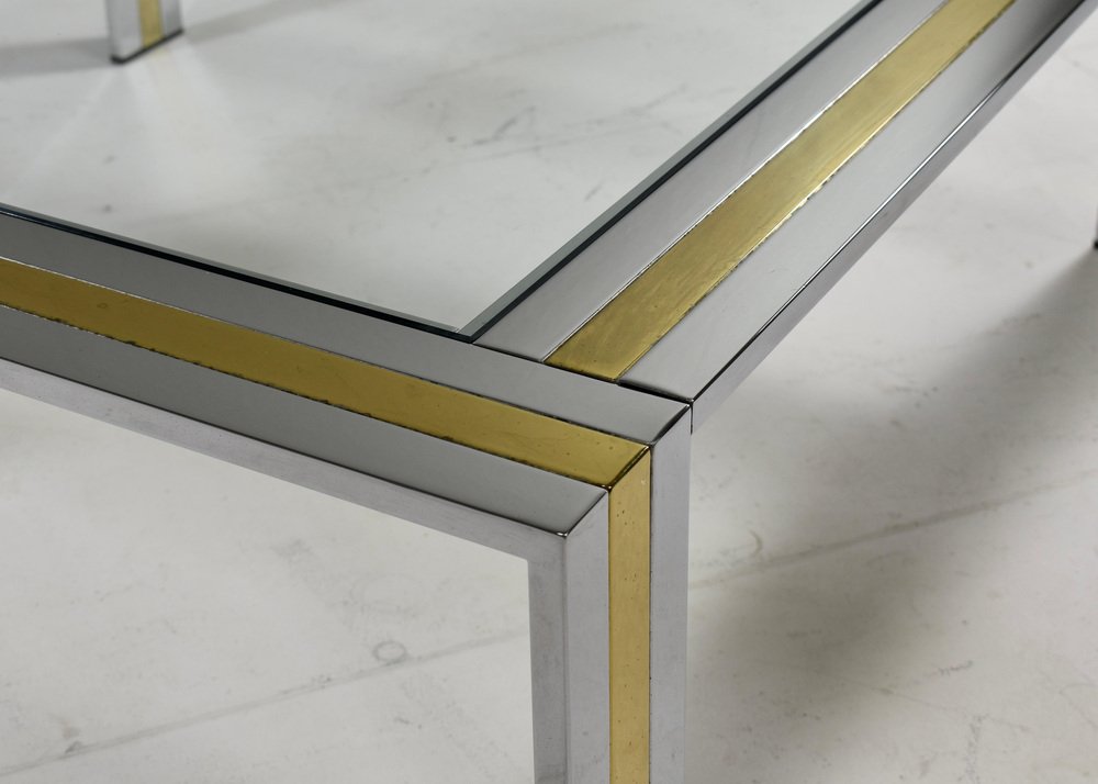 Square Coffee Table in Brass, Chrome and Glass by Renato Zevi, Italy, 1970s