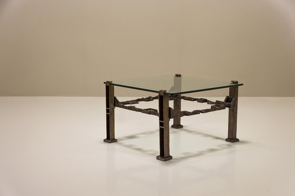 Square Coffee Table in Cast Brass and Glass, Italy, 1960s-UQV-1824266