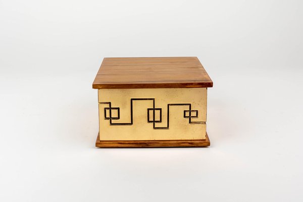 Square Decorative Box in Solid Brass and Wood, Italy, 1970s-LYQ-1312824