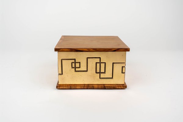 Square Decorative Box in Solid Brass and Wood, Italy, 1970s-LYQ-1312824