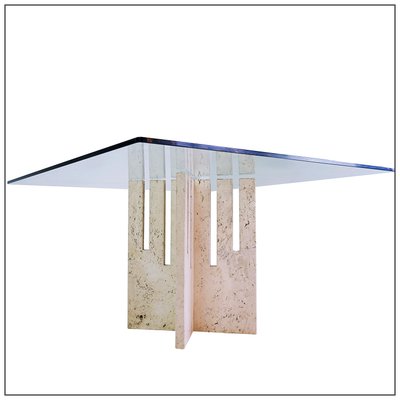 Square Dining Table in Travertine and Glass, Italy, 1970s-NYF-2024136