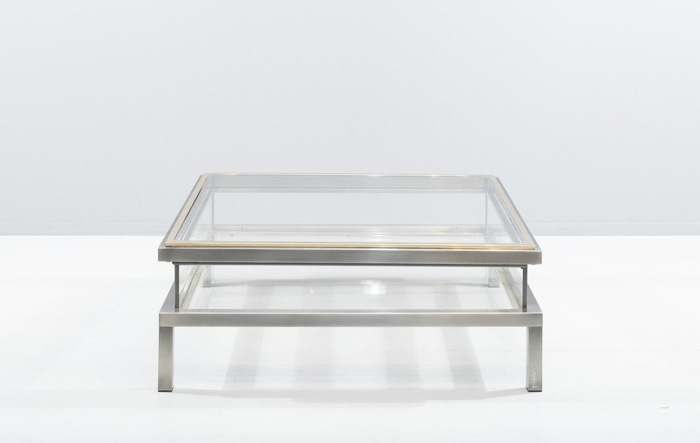 Square Hollywood Regency Coffee Table in Brass & Steel with Sliding Glass Top from Maison Jansen